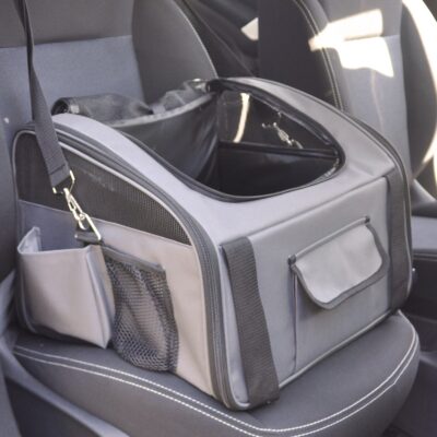 autostoel hond grijs