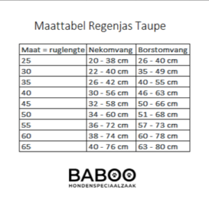 maattabel honden regenjas taupe
